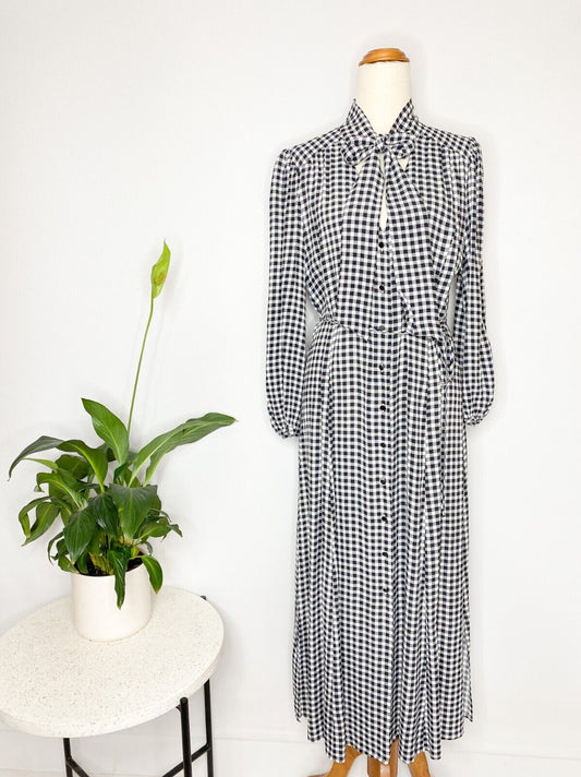 VERONIKA MAINE gingham check pussy bow tie belted midi shirt dress  sz 10